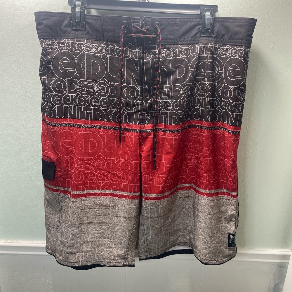 Ecko Unlimited Black, Red, and Gray Board Shorts